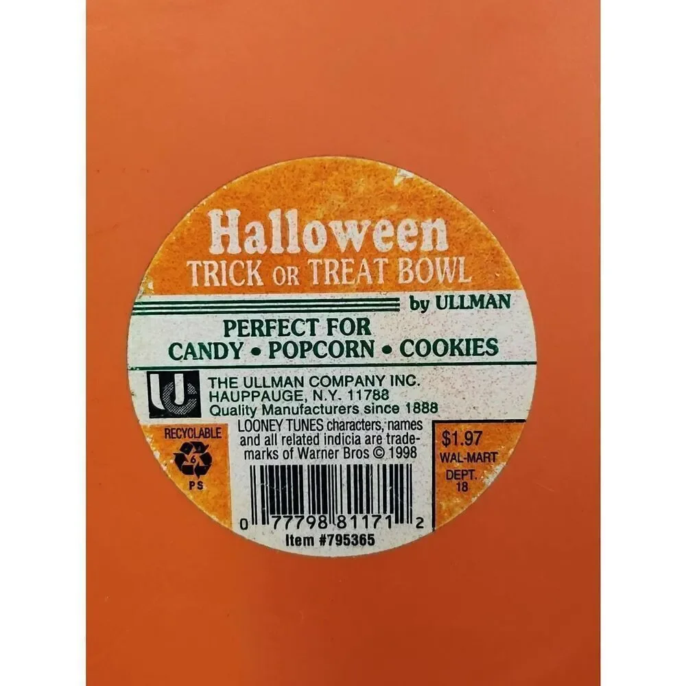 Vintage 1996 Looney Tunes Trick or Treat Plastic Candy Bowl A98